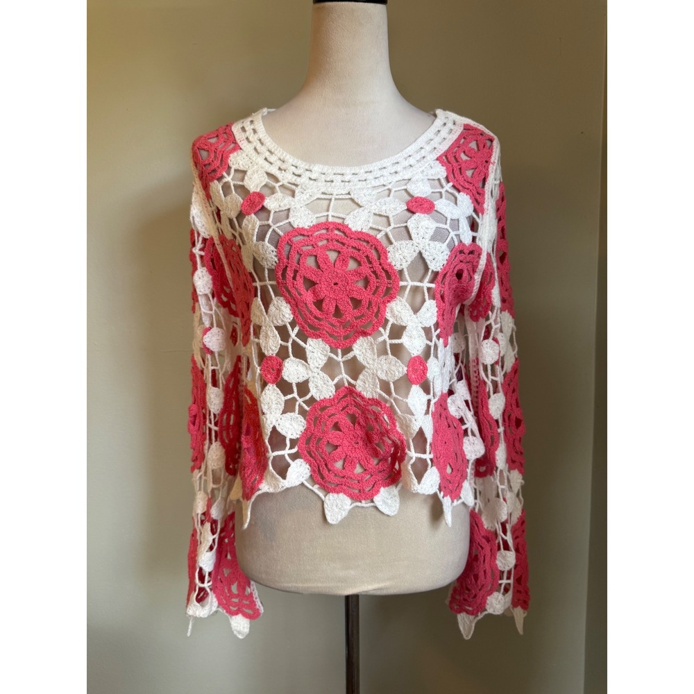 Cottage boho Pink White Floral Crochet Knit Top Boho Long Sleeve S/M granny y2k